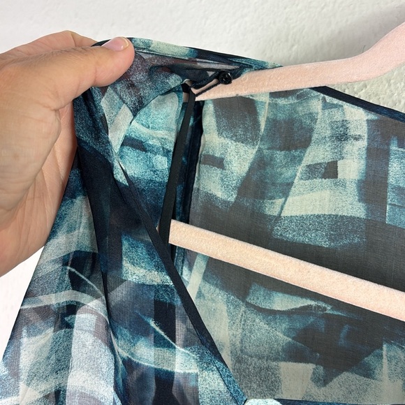 Theory 100% Silk Abstract Blue Teal Black Mini Ruffled Flutter Sleeves Dress 6 - Picture 7 of 14